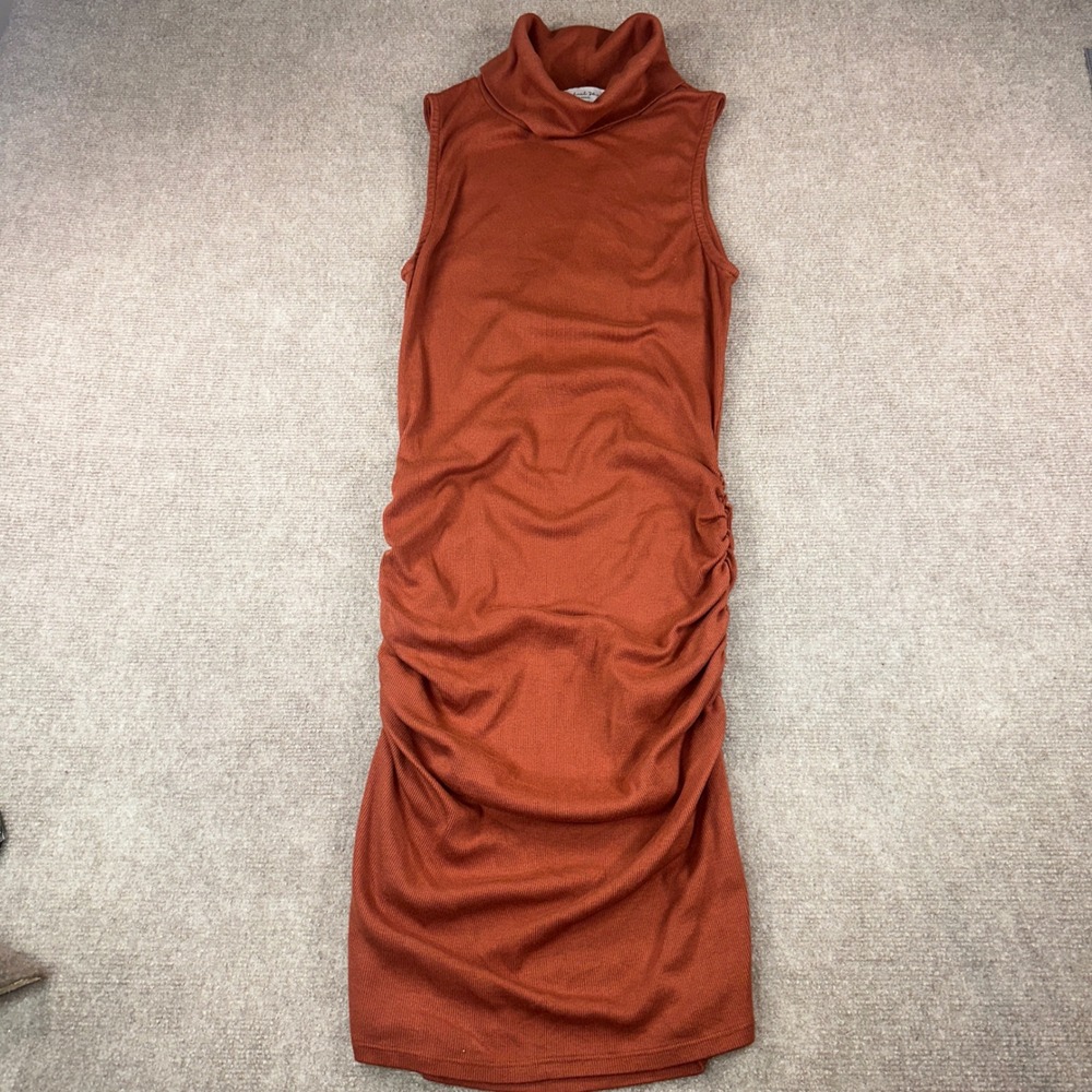 Michael Stars Autumn Rust Ribbed Ruched Sleeveless Turtleneck Midi Dress S